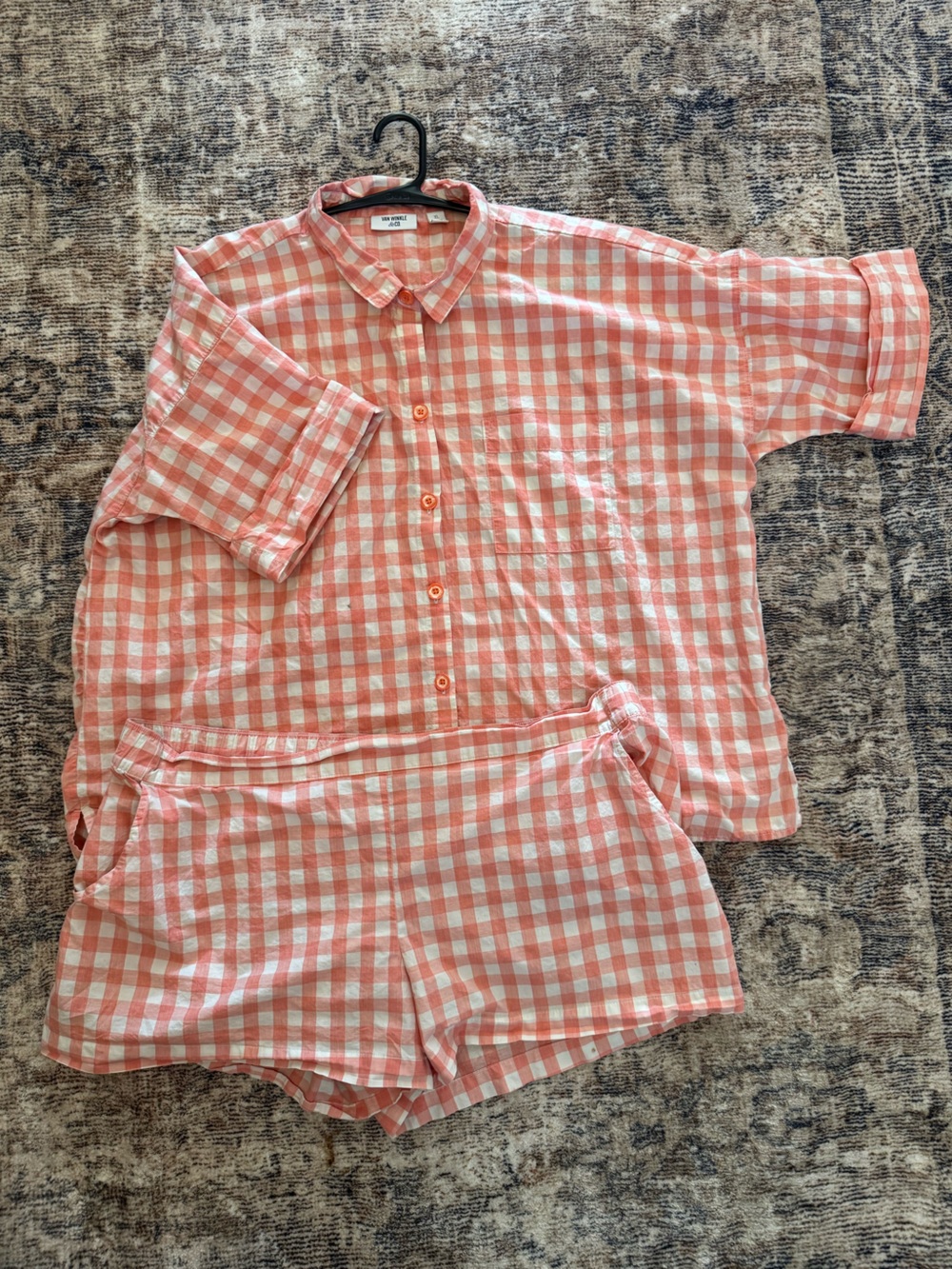 Gingham Button-Up PJ Shirt & Shorts in Peach and White